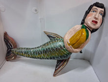 Load image into Gallery viewer, Vintage Unique Mexican Folk Art Mermaid Hand Carved Painted Wood Wall Art 38”
