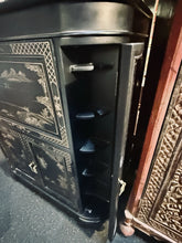 Load image into Gallery viewer, Vintage Chinese Black Lacquer Bar Cabinet Fold Out Top Hand Painted 42H 36L 18D

