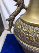 Load image into Gallery viewer, Large Vintage Chinese Solid Brass Dragon Urn Vase Planter with Floral Motif
