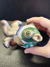 Load image into Gallery viewer, Vintage Cloisonné Enameled Brass Tropical Fish Sculpture on Wood Stand
