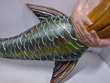 Load image into Gallery viewer, Vintage Unique Mexican Folk Art Mermaid Hand Carved Painted Wood Wall Art 38”
