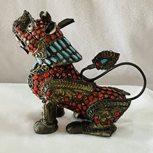 Load image into Gallery viewer, Antique Chinese Enameled Brass, Turquoise &amp; Coral Beads FOO DOG Incense Burner!!
