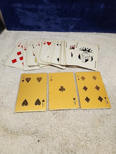 Load image into Gallery viewer, Celtic Brass Card Holder W/3 Gold Foil 24k Playing Cards, Wood Storage Box
