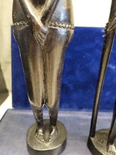 Load image into Gallery viewer, Vtg Carved Wooden Maasai Spear Warrior &amp; Woman Tribal Ebony Figurine Sculpture
