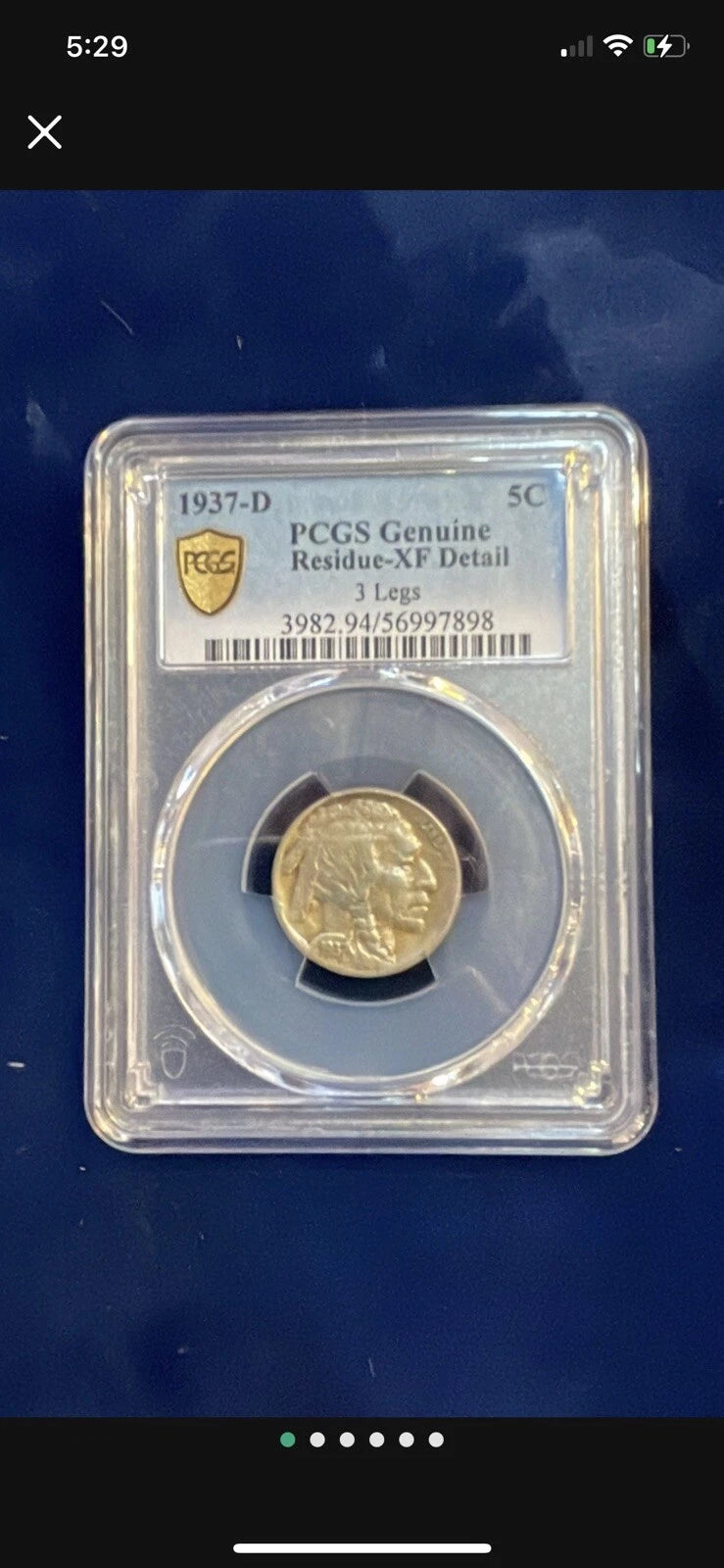 1937-D 3 Leg Buffalo Nickel 5c PCGS Extra Fine, ￼Denver Mint
