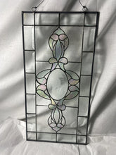 Load image into Gallery viewer, Vintage Iridescent Stained Glass Window Panel With Seahorse Motif 24“ X 12“
