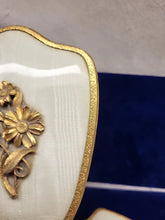 Load image into Gallery viewer, Vtg Matson 1930s Gold Tone Daisy 3-D Vanity Set Hand Mirror Brush Comb Rare Read
