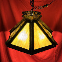 Load image into Gallery viewer, TOM GREENE Hexagonal MCM Brutalist Green Amber Slag Glass Swag Pendant Light
