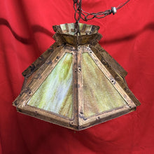 Load image into Gallery viewer, TOM GREENE Hexagonal MCM Brutalist Green Amber Slag Glass Swag Pendant Light
