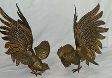 Load image into Gallery viewer, Vintage Brass Rooster Figurines Set of 2 Fighting Cocks Mid Century
