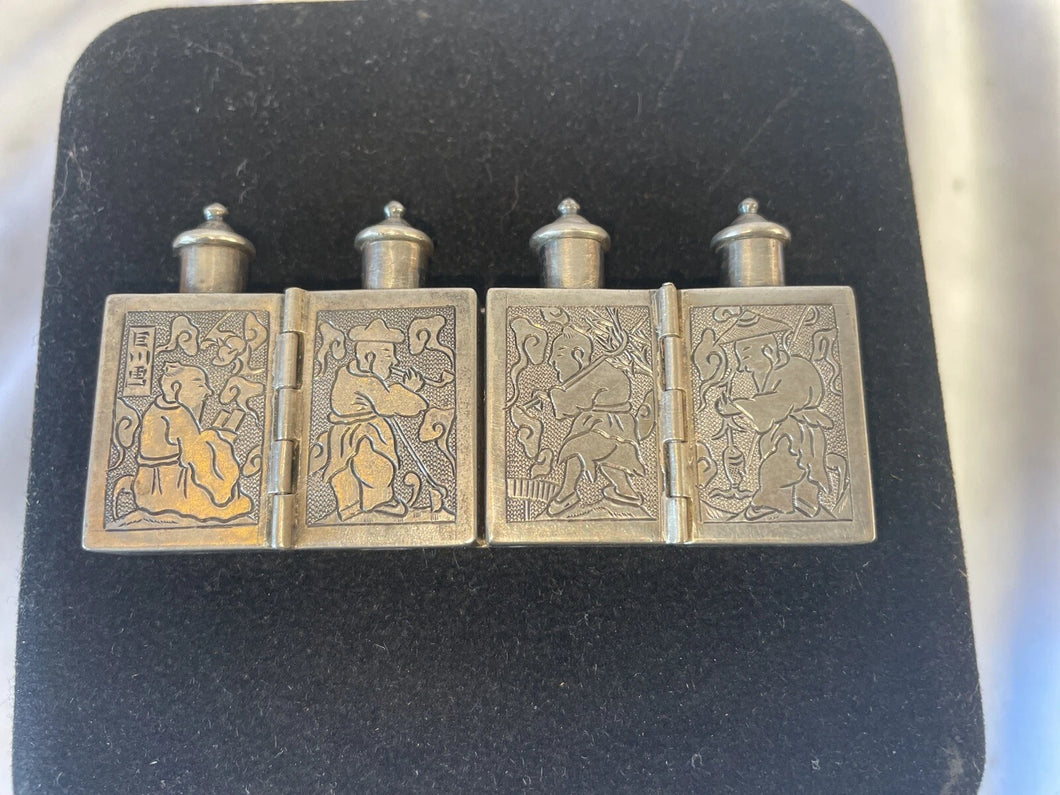 antique Qing Dynasty hallmarked sterling silver, 4 section, traveling hinged or folding snuff and opium box set from China