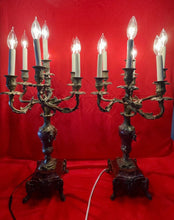 Load image into Gallery viewer, Antique 19th Century Candelabra Lamps, Brass on Heavy Marble 31” Tall

