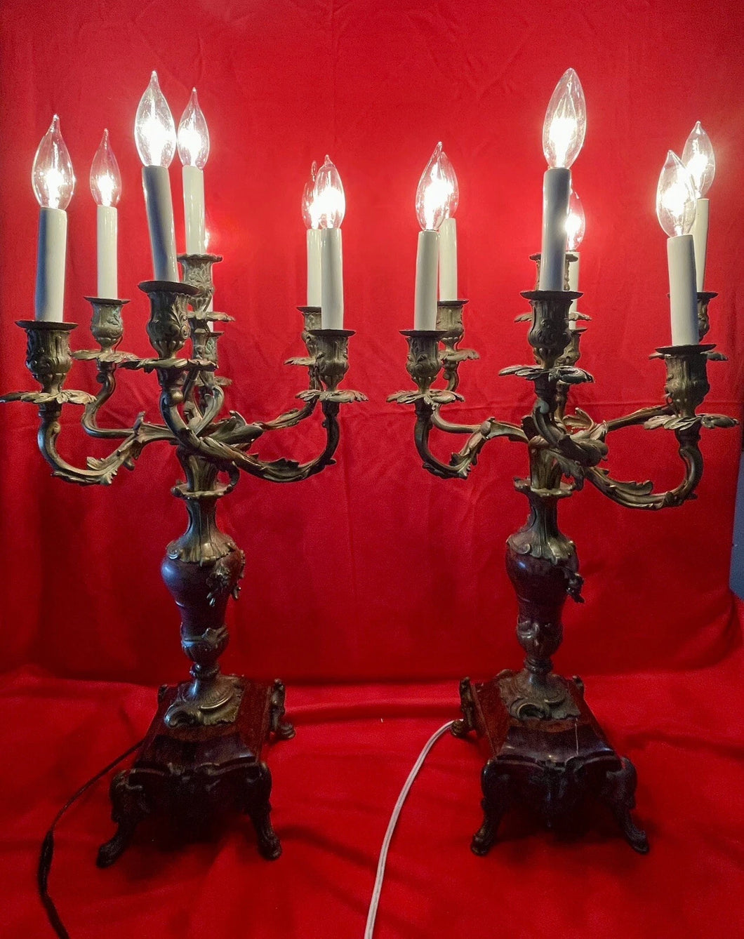 Antique 19th Century Candelabra Lamps, Brass on Heavy Marble 31” Tall