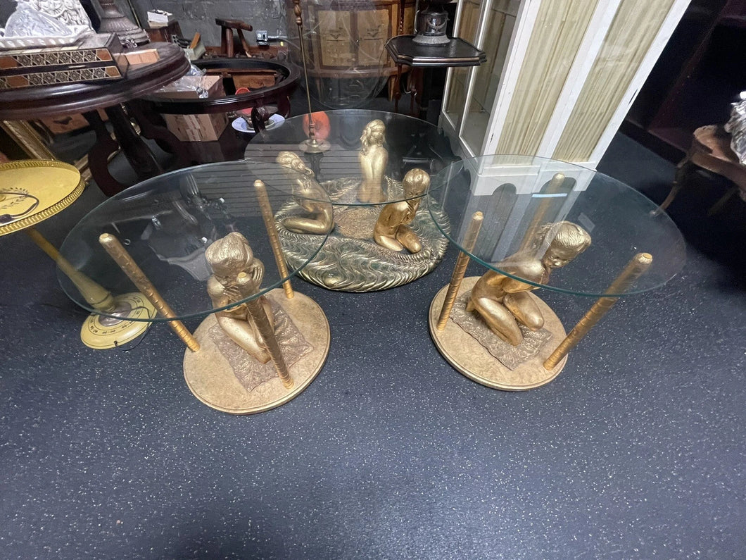 Custom made mid century art nouveau style set of coffee table and end tables!!