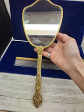 Load image into Gallery viewer, Vtg Matson 1930s Gold Tone Daisy 3-D Vanity Set Hand Mirror Brush Comb Rare Read
