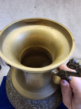 Load image into Gallery viewer, Large Vintage Chinese Solid Brass Dragon Urn Vase Planter with Floral Motif
