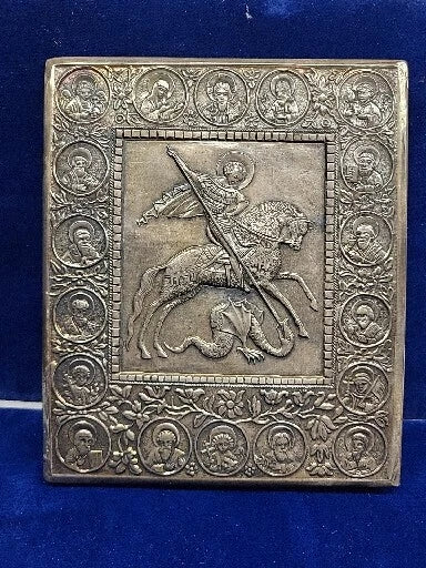 Antique 1867 sterling silver St George Dragon Orthodox Russian Icon!!