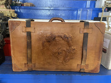 Load image into Gallery viewer, Vintage 1940’s Handmade Leather Trunk with High relief Embossed Dragon!
