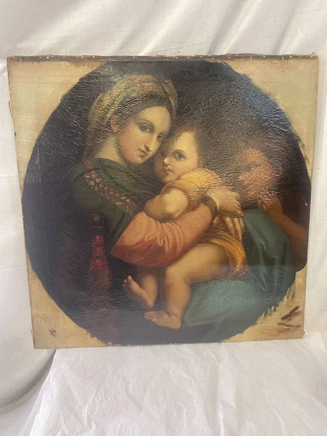 Antique 19th Century Italian Oil Painting Madonna Della Seggiola After Raphael