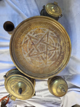 Load image into Gallery viewer, 15" Vtg Moroccan Brass Tray w/ Maranao Gador, Tea Caddy, Trinket box, Dowry set

