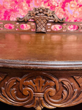 Load image into Gallery viewer, Antique Carved Wood Display Cabinet Floral Basket Crest Rococo Revival 54x24x12
