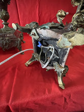 Load image into Gallery viewer, Antique 19th Century Candelabra Lamps, Brass on Heavy Marble 31” Tall
