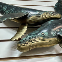 Load image into Gallery viewer, RARE Vintage SPI San Pacific Int’l HUMPBACK WHALES Hanging Brass Sculpture 26x17
