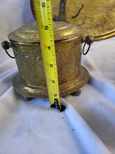 Load image into Gallery viewer, 15" Vtg Moroccan Brass Tray w/ Maranao Gador, Tea Caddy, Trinket box, Dowry set
