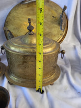 Load image into Gallery viewer, 15" Vtg Moroccan Brass Tray w/ Maranao Gador, Tea Caddy, Trinket box, Dowry set
