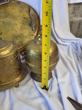 Load image into Gallery viewer, 15" Vtg Moroccan Brass Tray w/ Maranao Gador, Tea Caddy, Trinket box, Dowry set
