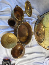 Load image into Gallery viewer, 15" Vtg Moroccan Brass Tray w/ Maranao Gador, Tea Caddy, Trinket box, Dowry set
