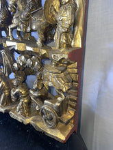 Load image into Gallery viewer, Antique 25.5&quot; Chinese Carved Deep Relief Gilt Wood Warriors Scenes Panel !!
