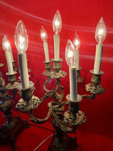 Load image into Gallery viewer, Antique 19th Century Candelabra Lamps, Brass on Heavy Marble 31” Tall
