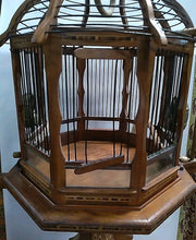 Load image into Gallery viewer, Beautiful and unique Vintage Hanging Wood Inlaid And Metal Birdcage W/ Stand 80”
