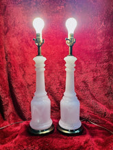 Load image into Gallery viewer, Vintage Mid Century HEYCO 22.5” Opaline Milk Glass Table Lamps w/ 6” Brass Base
