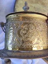 Load image into Gallery viewer, 15" Vtg Moroccan Brass Tray w/ Maranao Gador, Tea Caddy, Trinket box, Dowry set
