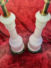 Load image into Gallery viewer, Vintage Mid Century HEYCO 22.5” Opaline Milk Glass Table Lamps w/ 6” Brass Base
