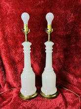 Load image into Gallery viewer, Vintage Mid Century HEYCO 22.5” Opaline Milk Glass Table Lamps w/ 6” Brass Base
