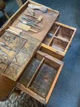 Load image into Gallery viewer, Antique Wood COBBLER&#39;S BENCH 10 Drawers, Stool And Tools Included 1880’s
