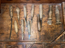 Load image into Gallery viewer, Antique Wood COBBLER&#39;S BENCH 10 Drawers, Stool And Tools Included 1880’s
