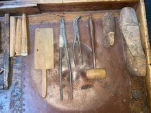 Load image into Gallery viewer, Antique Wood COBBLER&#39;S BENCH 10 Drawers, Stool And Tools Included 1880’s
