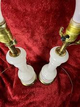 Load image into Gallery viewer, Vintage Mid Century HEYCO 22.5” Opaline Milk Glass Table Lamps w/ 6” Brass Base

