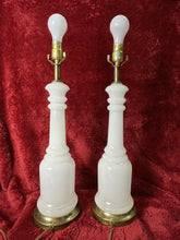 Load image into Gallery viewer, Vintage Mid Century HEYCO 22.5” Opaline Milk Glass Table Lamps w/ 6” Brass Base
