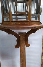 Load image into Gallery viewer, Beautiful and unique Vintage Hanging Wood Inlaid And Metal Birdcage W/ Stand 80”
