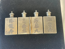 Load image into Gallery viewer, antique Qing Dynasty hallmarked sterling silver, 4 section, traveling hinged or folding snuff and opium box set from China
