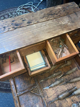 Load image into Gallery viewer, Antique Wood COBBLER&#39;S BENCH 10 Drawers, Stool And Tools Included 1880’s
