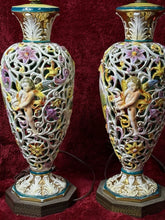 Load image into Gallery viewer, PAIR of Vintage Italian Rococo Capodimonte Porcelain Lamps Cherubs 28”
