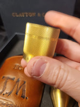 Load image into Gallery viewer, J.M. The Original Glass Flask Genuine Leather 6 3/4 Oz Brass Lid &amp; Funnel CIB
