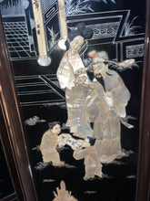 Load image into Gallery viewer, CHINESE 4 PANEL COROMANDEL BLACK LAQUERED SCREEN WITH MOTHER OF PEARL OVERLAY!!
