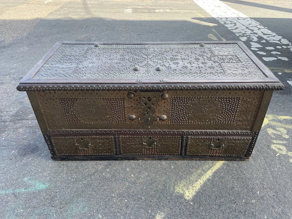 Antique 19th Century Middle Eastern Brass & Wood Blanket Chest